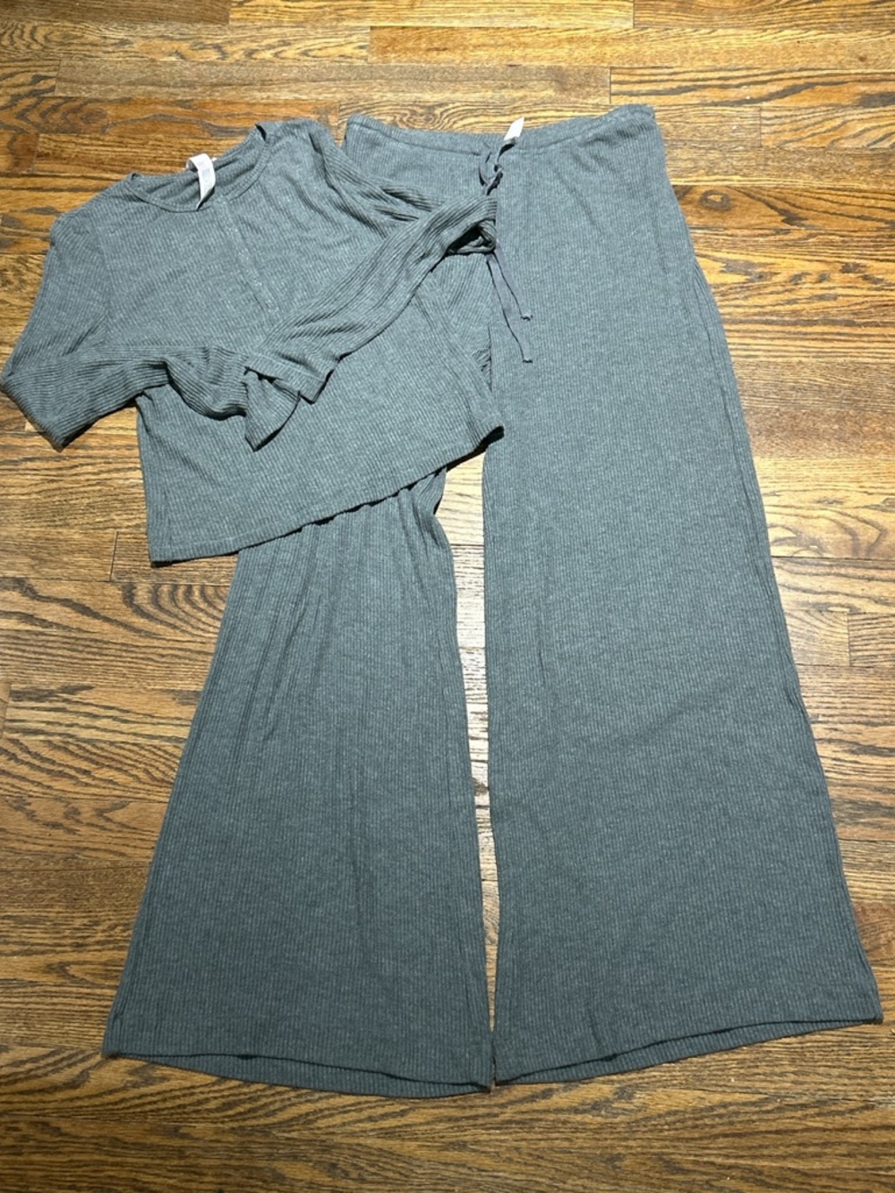 Ribbed Wide-Leg Lounge Pants & Top Set - Gray